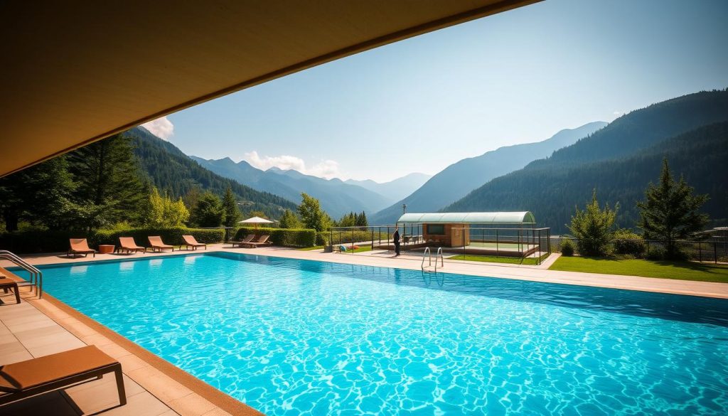 A serene and inviting swimming pool nestled in the heart of the Carpathian mountains, surrounded by lush greenery and towering peaks. The crystal-clear waters shimmer under the warm sun, inviting guests to take a refreshing dip. The pool is flanked by stylish poolside loungers, perfect for relaxing and taking in the stunning natural beauty. In the distance, a well-equipped 7fishing sports facility offers a variety of recreational activities for the active traveler. The overall atmosphere is one of tranquility and relaxation, perfectly suited for the "Услуги и удобства в отелях Карпат" section of the article.