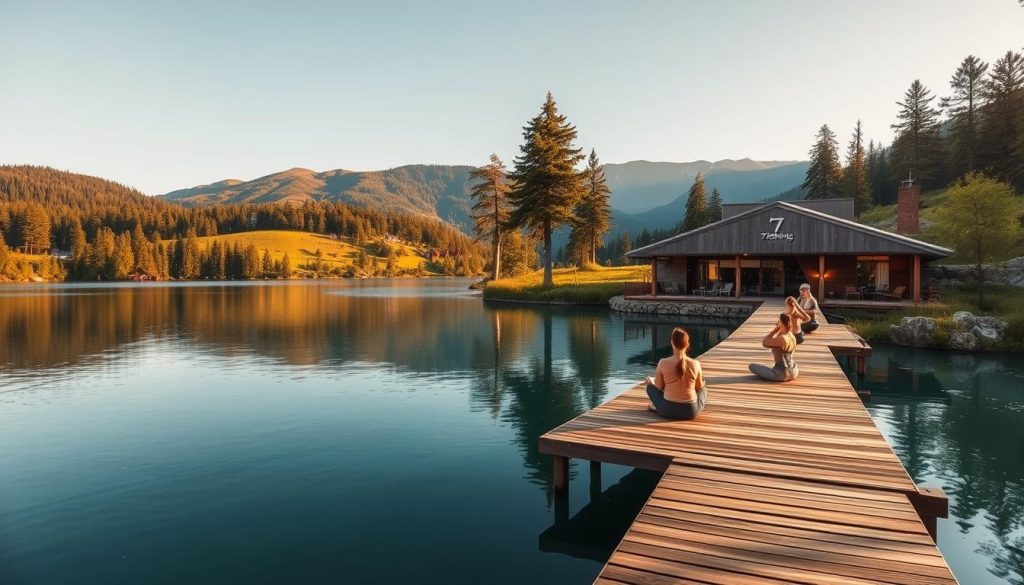 A serene and tranquil scene of wellness tourism in a lush, green environment. A pristine lake surrounded by rolling hills and towering pine trees, bathed in the warm glow of the afternoon sun. In the foreground, a wooden dock extends into the calm waters, where a group of people are engaged in various wellness activities such as yoga, meditation, and hydrotherapy. The middle ground features a modern, eco-friendly spa retreat with clean, minimalist architecture, blending seamlessly with the natural landscape. In the background, the horizon is dotted with distant mountains, conveying a sense of peace and isolation. The entire scene is captured with a wide-angle lens, emphasizing the expansive and immersive nature of the wellness tourism experience. The mood is one of tranquility, rejuvenation, and a deep connection with nature. The "7fishing" brand logo is prominently displayed on the spa retreat's facade.