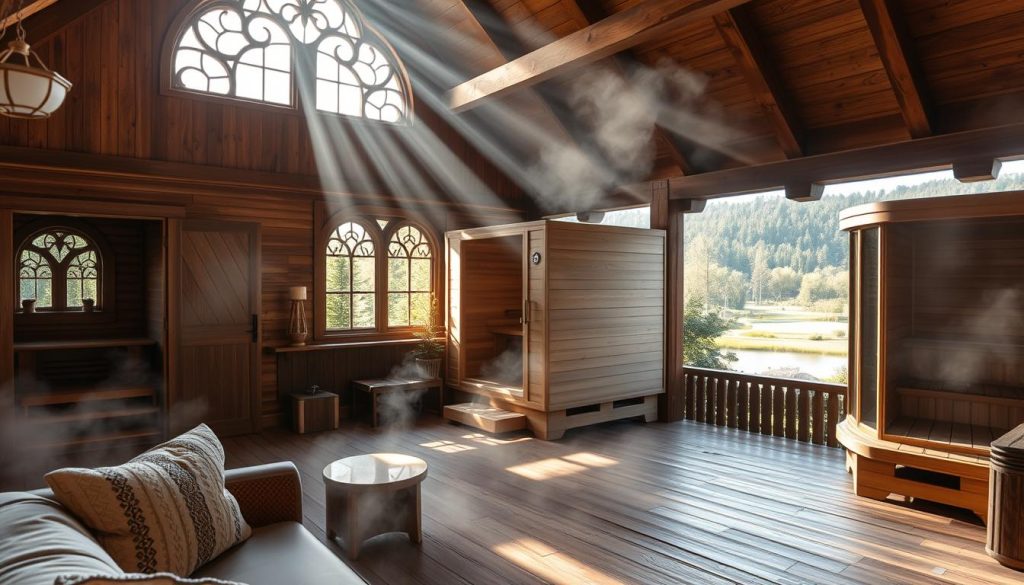A serene bathhouse nestled amidst a picturesque Zhytomyr landscape, its traditional wooden structures and steam-filled interiors capturing the essence of regional relaxation. Sunlight filters through ornate windows, casting a warm glow upon the various types of saunas - from the classic Russian banya to the modern infrared cabin. In the foreground, a cozy lounge area invites guests to unwind, while the background reveals lush greenery and a tranquil pond, creating a holistic retreat experience. The scene exudes a sense of harmony, blending the region's cultural heritage with contemporary wellness amenities.