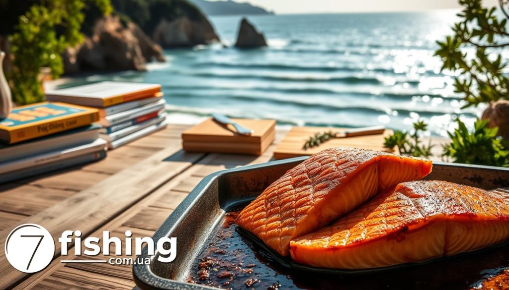 A serene coastal scene, with a sun-dappled beach and rolling waves lapping at the shore. In the foreground, a succulent salmon fillet sizzles on a baking tray, its golden-brown crust glistening under the warm lighting. In the middle ground, a stack of recipe books and a cutting board with fresh herbs add a sense of culinary preparation. The background features a panoramic view of a tranquil bay, with rocky cliffs and verdant foliage framing the scene. The overall mood is one of effortless elegance and the myth-busting power of simple, expertly prepared salmon. Stylized 7fishing.com.ua branding subtly enhances the composition.
