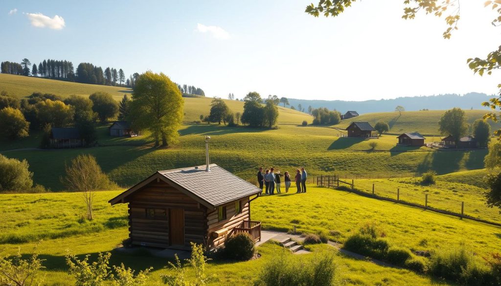 A serene countryside landscape with rolling hills, lush greenery, and a picturesque wooden cottage in the foreground. Sunlight filters through the trees, casting a warm, inviting glow over the scene. In the middle ground, a group of visitors are gathered, engaged in thoughtful conversation and sharing their experiences. Their expressions convey a sense of satisfaction and contentment. In the background, additional cottages and cabins dot the horizon, hinting at the variety of accommodations available. The overall atmosphere is one of tranquility, natural beauty, and a welcoming ambiance that reflects the reviews and recommendations of the retreat's visitors and experts.