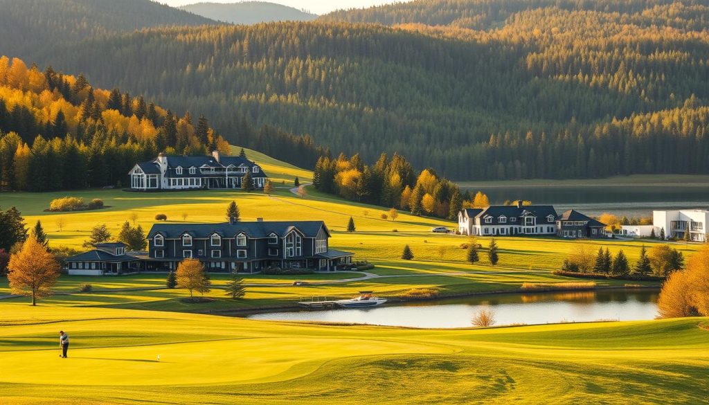 A serene countryside landscape with three distinct resort complexes nestled amidst rolling hills and verdant forests. The foreground features a well-manicured golf course, with golfers enjoying a leisurely round. The middle ground showcases the architectural styles of the complexes, ranging from modern, minimalist designs to more traditional, rustic-inspired buildings. In the background, a tranquil lake reflects the surrounding scenery, with a small boat dock and a few watercraft. The scene is bathed in warm, golden sunlight, creating a sense of relaxation and rejuvenation. The overall mood is one of tranquility and sophistication, inviting the viewer to imagine the amenities and experiences offered by each resort complex.