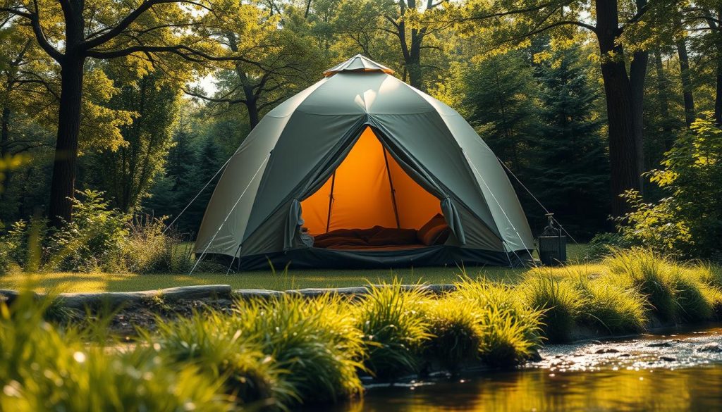 A serene fishing campsite nestled amidst lush greenery. A sturdy, dome-shaped tent in a muted earthy tone stands tall, its exterior weathered by gentle winds and the occasional drizzle. The tent's entrance beckons, hinting at the cozy respite within, where a sleeping bag and small camping gear await. Sunlight filters through the canopy of trees, casting a warm, golden glow over the scene. In the foreground, a tranquil stream meanders, its gentle flow punctuated by the occasional gleam of a fish. The overall atmosphere conveys a sense of peaceful solitude, perfect for the discerning angler seeking a comfortable and immersive fishing experience.