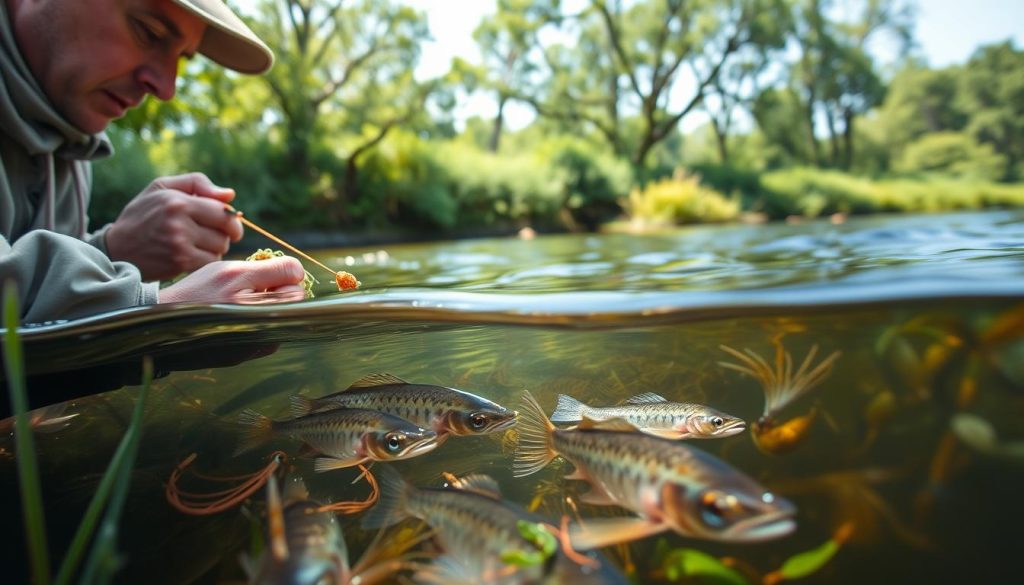 A serene fishing scene showcasing the art of catching the elusive weatherfish (Misgurnus fossilis). In the foreground, a fisherman skillfully baits his hook with choice morsels, his gaze intently focused on the still waters. The middle ground reveals the weatherfish's intricate patterns, their whisker-like barbels twitching as they dart among the submerged vegetation. In the background, a lush riverbank provides a natural backdrop, with dappled sunlight filtering through the trees. The overall atmosphere is one of tranquility and patience, capturing the essence of the traditional 7fishing.com.ua methods for catching this unique freshwater species.