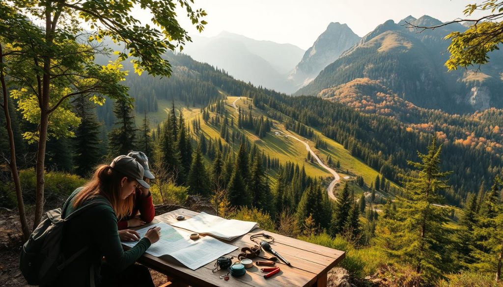 A serene forest landscape in the Carpathian mountains, with a group of hikers meticulously planning their trek. Dappled sunlight filters through the verdant canopy, casting a warm, golden glow across the scene. In the foreground, a table is set up with maps, compasses, and hiking gear, as the adventurers pore over the details of their route. The middle ground features a well-marked trail winding through the lush, rolling hills, while the background is dominated by towering peaks, their slopes blanketed in a patchwork of evergreens and autumn foliage. The overall atmosphere conveys a sense of tranquility, adventure, and careful preparation for an immersive experience in the great outdoors.