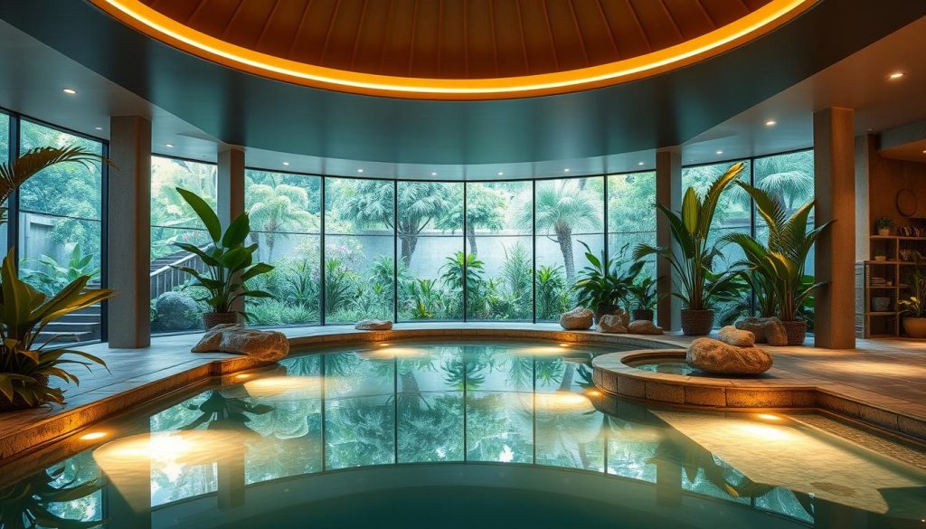 A serene indoor aqua zone with a large swimming pool, surrounded by lush tropical plants and natural stone features. The pool is illuminated by soft, diffused lighting from above, creating a warm and inviting atmosphere. In the background, a curved glass wall offers a panoramic view of a verdant outdoor garden, blurring the boundaries between the indoor and outdoor spaces. The overall design exudes a sense of relaxation and rejuvenation, perfectly suited for a luxurious bath complex.
