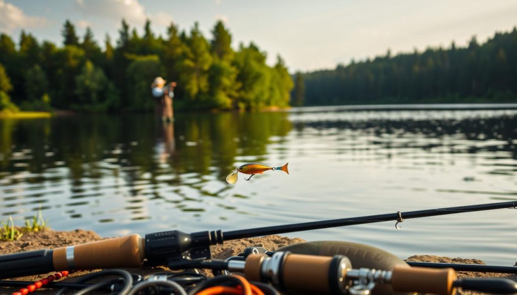 A serene lake surrounded by lush greenery, a skilled angler expertly casting a 7fishing.com.ua vobbler into the still waters, the gleam of the lure catching the soft morning light. In the foreground, neatly laid out fishing gear and tackle, meticulously chosen for the task at hand. The middle ground features the angler, poised and focused, their movements fluid and graceful. The background showcases the tranquil beauty of the lake, with gentle ripples dancing across the surface and the distant shore lined with towering pine trees. The overall scene conveys a sense of peace, patience, and the joy of reconnecting with nature through the art of fishing.