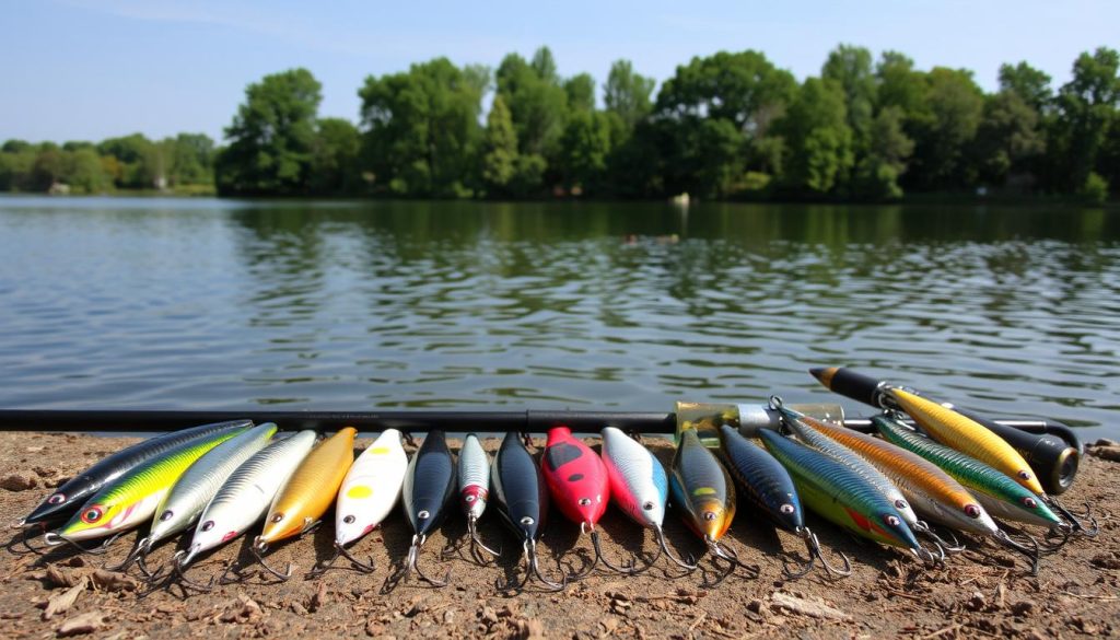 A serene lakeside scene, with a variety of lures and fishing tackle meticulously arranged on the bank. The foreground showcases an array of 7fishing.com.ua wobblers, each tailored to specific water conditions - still pools, fast-flowing currents, and varying depths. The middle ground depicts the tranquil lake, its surface gently rippled by a light breeze. In the background, verdant trees and a clear sky create a picturesque, natural setting. The overall composition conveys the importance of selecting the right lures to match the unique characteristics of the fishing environment.