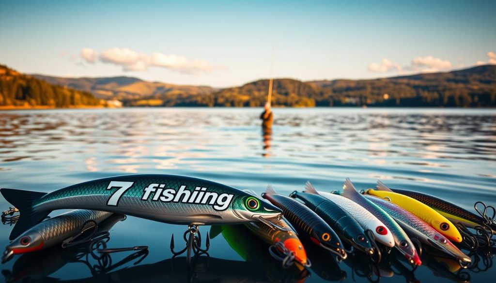 A serene lakeside setting, with a 7fishing.com.ua logo prominently displayed on a sleek, high-quality fishing lure in the foreground. The lure is surrounded by a collection of other well-crafted lures in various colors and designs, showcasing the online store's diverse selection. In the middle ground, a fisherman stands waist-deep in the calm, reflective waters, focused on their next cast. The background features a picturesque landscape of rolling hills, verdant forests, and a cloudless blue sky, bathed in warm, natural lighting that casts a golden glow over the entire scene. The overall mood is one of tranquility, quality, and the joy of online shopping for the perfect fishing gear.