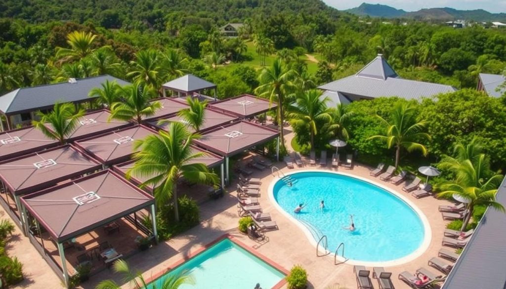 A serene landscape of a 7fishing resort nestled amidst lush greenery, featuring a sparkling swimming pool surrounded by modern cabanas and sun loungers. The pool is framed by palm trees and tropical foliage, creating a tranquil oasis. Guests can be seen enjoying the refreshing waters, while others relax on the deck, sipping drinks and soaking up the warm sunshine. The resort exudes an air of relaxation and indulgence, with well-appointed facilities and attentive service, offering a perfect getaway from the stresses of everyday life.