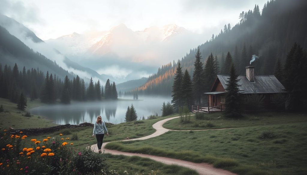 A serene, misty landscape of the Carpathian Mountains, with lush forests, rolling hills, and a serene mountain lake reflecting the surrounding peaks. In the foreground, a couple strolls hand-in-hand along a winding path, surrounded by vibrant wildflowers. The middle ground features a traditional wooden cabin nestled among the trees, with a cozy smoke plume rising from the chimney. In the background, majestic snow-capped mountains loom, bathed in a warm, golden light. The scene conveys a sense of romantic adventure and natural beauty, perfect for a "7fishing" getaway in the Carpathians.