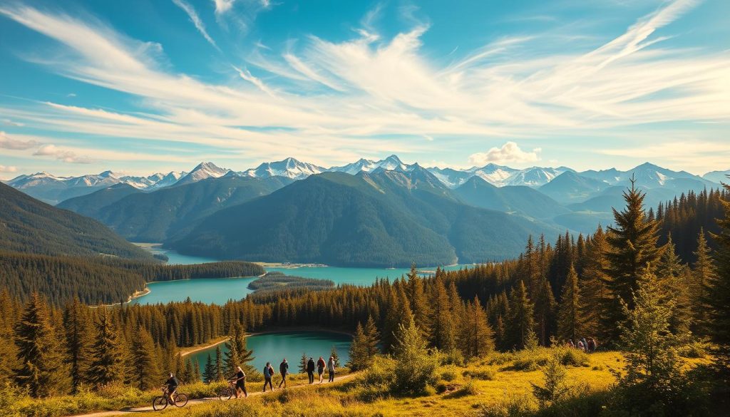 A serene mountain landscape in Bukovel, Ukraine, during the summer. In the foreground, a group of people enjoying various outdoor activities - hiking, cycling, and zip-lining through the lush, verdant forests. The middle ground features a picturesque alpine lake, its crystal-clear waters reflecting the surrounding peaks. In the background, majestic snow-capped mountains rise up, bathed in warm, golden sunlight filtering through wispy clouds. The scene conveys a sense of adventure, tranquility, and connection with nature, capturing the essence of an active vacation in this idyllic mountain resort.