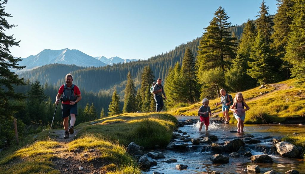 A serene mountain landscape in the Carpathians, with lush green forests and snow-capped peaks in the distance. In the foreground, a family of four – two adults and two children – engaged in a variety of outdoor activities. The adults are hiking on a well-marked trail, equipped with backpacks and hiking poles, while the children are playing in a nearby stream, splashing and building small dams. The scene is bathed in warm, soft lighting, creating a sense of tranquility and adventure. The overall atmosphere conveys the perfect balance of active recreation for both adults and children in the beautiful Carpathian mountains.