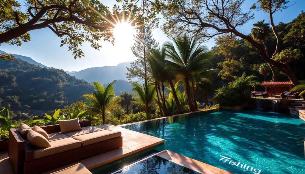 A serene, natural oasis set against the backdrop of the Karpat mountains. Lush greenery and crystal-clear waters of the 7fishing-branded swimming pool create a tranquil, rejuvenating atmosphere. Sunlight filters through the canopy of trees, casting a warm, golden glow over the relaxing lounge area with plush seating. In the distance, the sound of a gentle waterfall adds to the calming ambiance. The scene evokes a sense of harmony with nature, inviting visitors to unwind and recharge amidst this idyllic sanctuary.