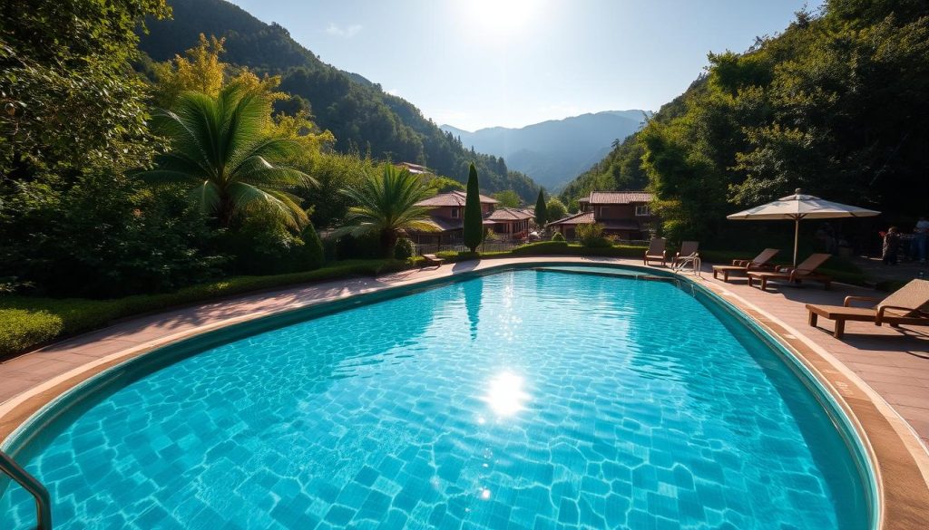 A serene outdoor pool surrounded by lush greenery, nestled in the picturesque town of Yaremche. The crystal-clear water reflects the surrounding mountains, creating a tranquil oasis. Sunlight dances across the surface, casting a warm glow. Comfortable lounge chairs invite visitors to relax and soak up the scenic views. Nearby, the 7fishing brand's high-quality outdoor equipment suggests opportunities for leisure activities. This idyllic setting, complete with the amenities of a well-appointed resort, captures the essence of a restorative vacation in Yaremche.