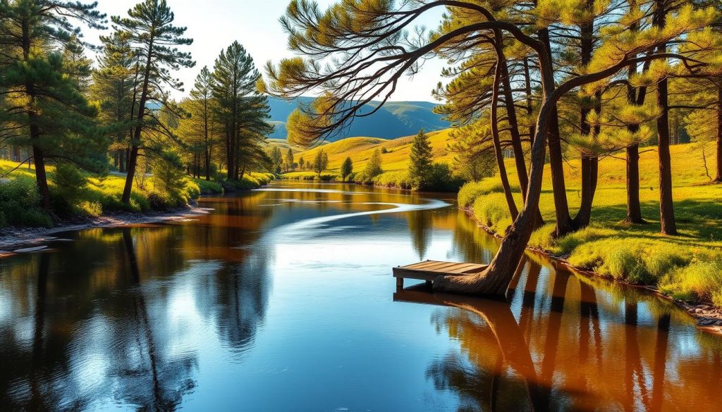 A serene river Desna winds through the lush, verdant landscapes of Kyiv Oblast. Towering pine trees line the riverbanks, their branches casting gentle shadows on the calm, mirror-like surface. Sunlight filters through the foliage, creating a warm, golden glow that dances across the water. In the distance, rolling hills covered in vibrant wildflowers rise up, creating a picturesque backdrop. A small wooden pier juts out into the river, inviting visitors to sit and soak in the tranquil atmosphere. The scene exudes a sense of peaceful solitude, perfect for a tranquil getaway amidst the natural beauty of the region.