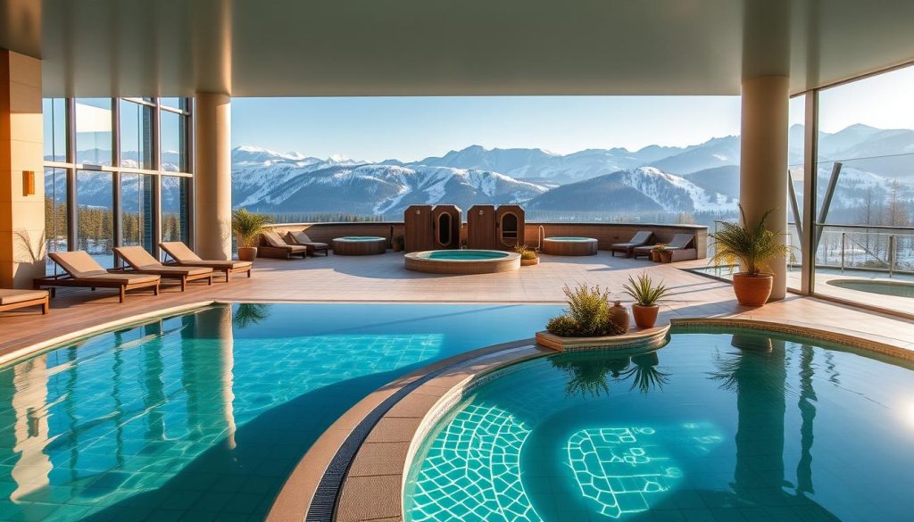 A serene spa complex nestled in the heart of Bukovel, Ukraine. In the foreground, a luxurious indoor pool with crystal-clear water reflecting the natural light streaming through large windows. Surrounding the pool, a beautifully tiled deck with plush lounge chairs and potted plants, creating a tranquil oasis. In the middle ground, a cluster of outdoor hot tubs, steam rooms, and saunas, each with stunning views of the snow-capped Carpathian mountains in the distance. The atmosphere is one of relaxation and rejuvenation, with soft, warm lighting and a soothing color palette of blues, greens, and neutrals. The overall composition conveys a sense of luxury, comfort, and a deep connection to the breathtaking natural surroundings.