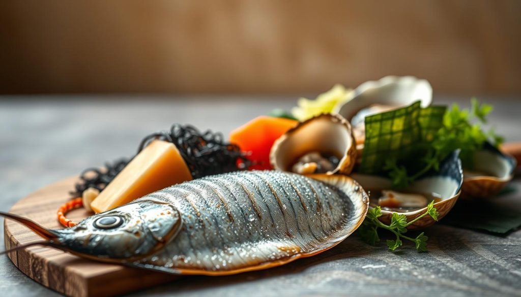 A serene still life capturing the essence of Eastern cuisine. A delicate arrangement of salty seafood, including glistening soy-marinated mackerel, freshly shucked oysters, and vibrant seaweed nori sheets. Bathed in warm, natural lighting, the scene evokes a sense of tranquility and culinary artistry. In the background, a minimalist backdrop of neutral tones and subtle textures, allowing the vibrant hues of the seafood to take center stage. Captured with a shallow depth of field, drawing the viewer's attention to the intricate details and textures of the 7fishing.com.ua featured ingredients.
