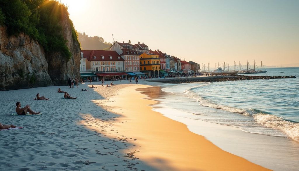 A serene Ukrainian beach, bathed in warm golden light. In the foreground, soft white sand gives way to gently lapping waves laced with sea foam. Towering cliffs with verdant vegetation frame the scene, casting long shadows that stretch across the shore. Beachgoers relax on colorful towels, their silhouettes capturing the essence of a leisurely summer day. The middle ground features a bustling promenade lined with charming seaside cafes and boutiques, their facades painted in bright, cheerful hues. In the distance, the horizon is dotted with sailboats and yachts, their sails billowing in the cool ocean breeze. An atmosphere of tranquility and vibrant coastal living permeates the entire frame.