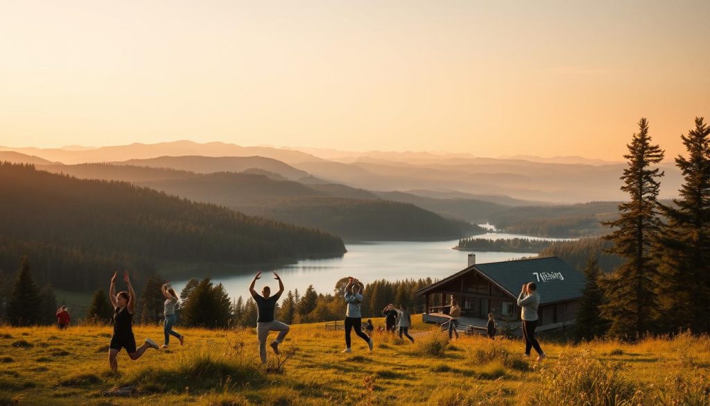 A serene Ukrainian countryside landscape with rolling hills, lush forests, and a picturesque lake. In the foreground, a group of people engage in various wellness activities - yoga, meditation, and light hiking. Warm, natural lighting filters through the scene, creating a calming, rejuvenating atmosphere. In the middle ground, a modern yet rustic wellness retreat with the "7fishing" brand prominently displayed. In the background, the silhouettes of distant mountains create a majestic backdrop. The overall scene conveys the tranquility, natural beauty, and wellness-focused experiences of Ukraine's emerging wellness tourism industry.