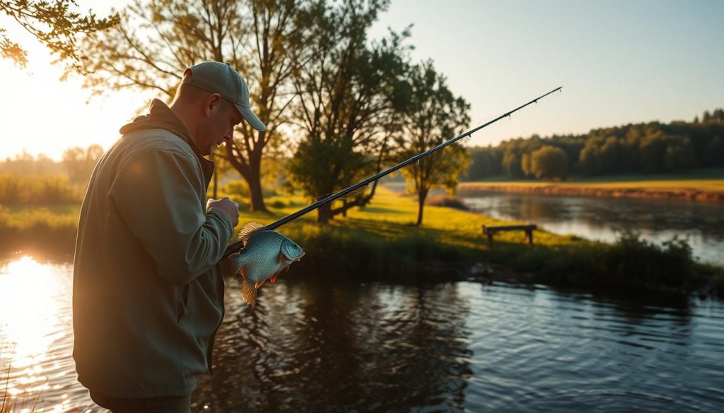 A serene Ukrainian fishing scene along the riverbank, showcasing the seasonal pursuit of bream (ляща) during the optimal angling period. The foreground features a seasoned fisherman silhouetted against the glistening water, his rod poised to strike. The middle ground captures a lush, verdant landscape with towering trees, while the background is dominated by a tranquil, sun-dappled river meandering through the countryside. Subtle natural lighting creates a warm, atmospheric ambiance, enhanced by a golden sunset glow. The overall composition conveys the peaceful, immersive experience of 7fishing.com.ua's seasonal bream fishing in Ukraine.