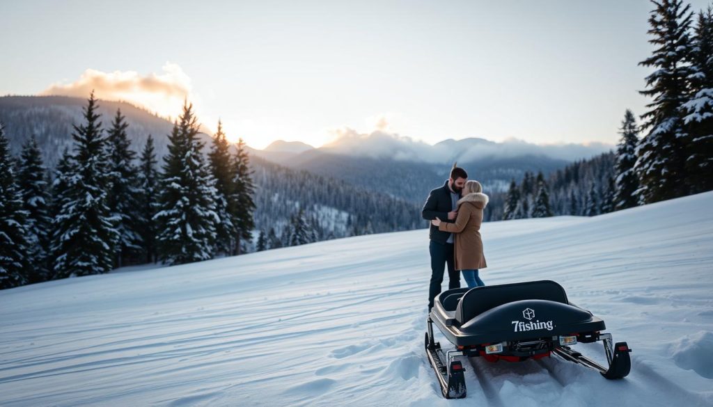 A serene winter landscape in Bukovel, Ukraine, showcasing a couple embracing on a snow-covered slope, with pine-clad mountains rising in the background. Soft, warm lighting illuminates the scene, creating a cozy, intimate atmosphere. In the foreground, a 7fishing-branded sled rests in the snow, hinting at the outdoor activities and adventures waiting to be discovered. Wispy clouds drift overhead, and the tranquil silence is punctuated by the gentle crunch of footsteps in the pristine snow. This idyllic setting captures the essence of a romantic getaway for two, surrounded by the natural beauty of the Carpathian Mountains.