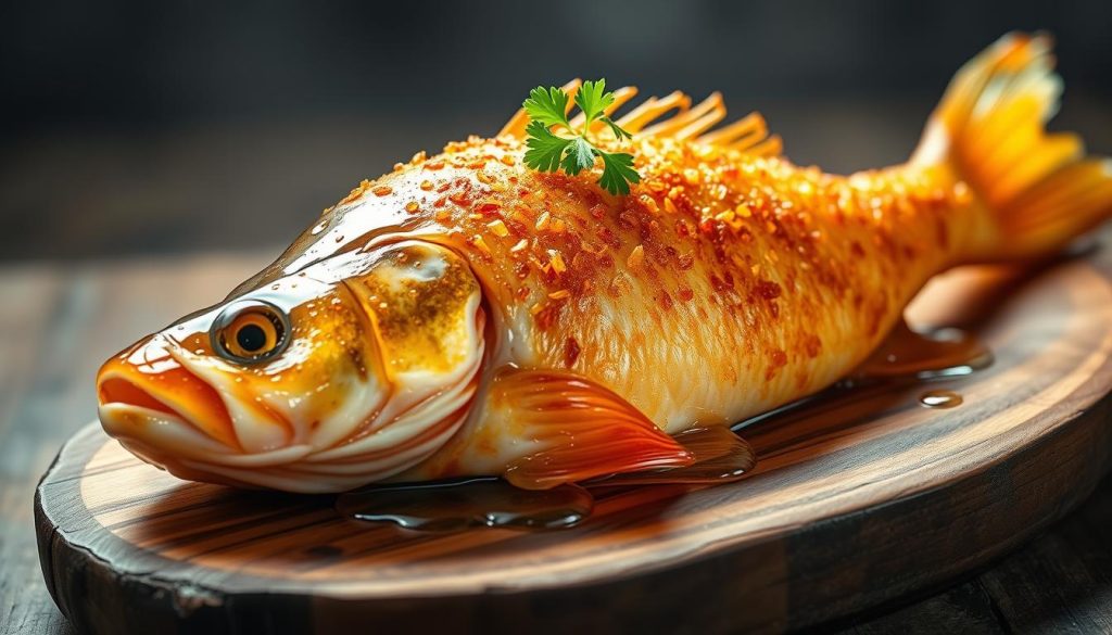 A sizzling, golden-brown fried carp with a delightfully crispy exterior, garnished with a sprig of fresh parsley. The fish is positioned on a rustic, wooden platter, casting a warm glow under dramatic studio lighting. Glistening droplets of oil cling to the surface, hinting at the succulent, moist texture within. In the background, a blurred, neutral backdrop allows the star of the dish to shine. This tempting image is brought to you by 7fishing.com.ua, where you can discover the secrets to achieving the perfect fried carp with a crunchy crust.