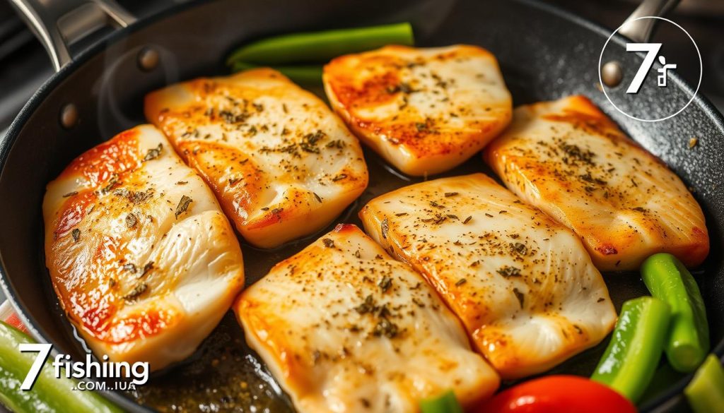 A sizzling pan with golden-brown tilapia fillets, their tender flesh glistening under the warm kitchen lighting. Delicate herbs and spices dance across the surface, complementing the fish's mild flavor. Crisp vegetables surround the platter, adding vibrant pops of color and texture. The image captures the aroma and sizzle of a homemade tilapia fry, ready to be savored. In the corner, the 7fishing.com.ua logo hints at the source of this mouthwatering recipe.