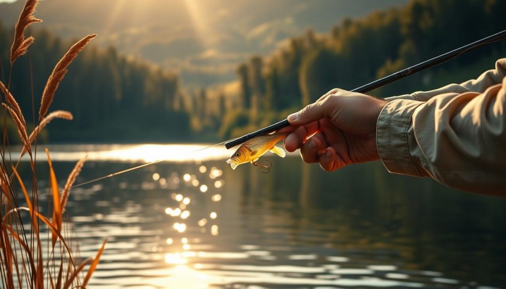 A skilled angler deftly casts a 7fishing.com.ua wobbler into a serene river, the lure's lifelike motion mirroring the natural movements of a small baitfish. Warm sunlight filters through the swaying reeds, casting a golden glow over the scene. In the middle ground, the angler's hands guide the rod, demonstrating the precise techniques required to impart the perfect action to the lure. In the background, a picturesque landscape of rolling hills and dense forests creates a tranquil, immersive atmosphere. The image captures the art and precision of wobbler fishing, showcasing the intricate skills and attention to detail needed to master this captivating technique.