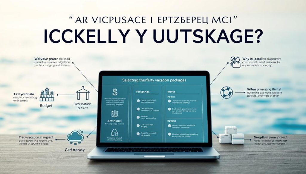 A sleek, modern infographic showcasing the key criteria for selecting the perfect vacation package. In the foreground, elegant icons and graphics illustrate factors like budget, destination, duration, amenities, and reviews. The midground features a laptop or tablet display with an interactive checklist, guiding the viewer through the decision-making process. In the background, a soft, blurred seascape with gently lapping waves creates a sense of relaxation and escape. The overall composition is clean, visually balanced, and radiates an air of professionalism and authority, reflecting the subject matter of "Как выбрать идеальную путёвку?"