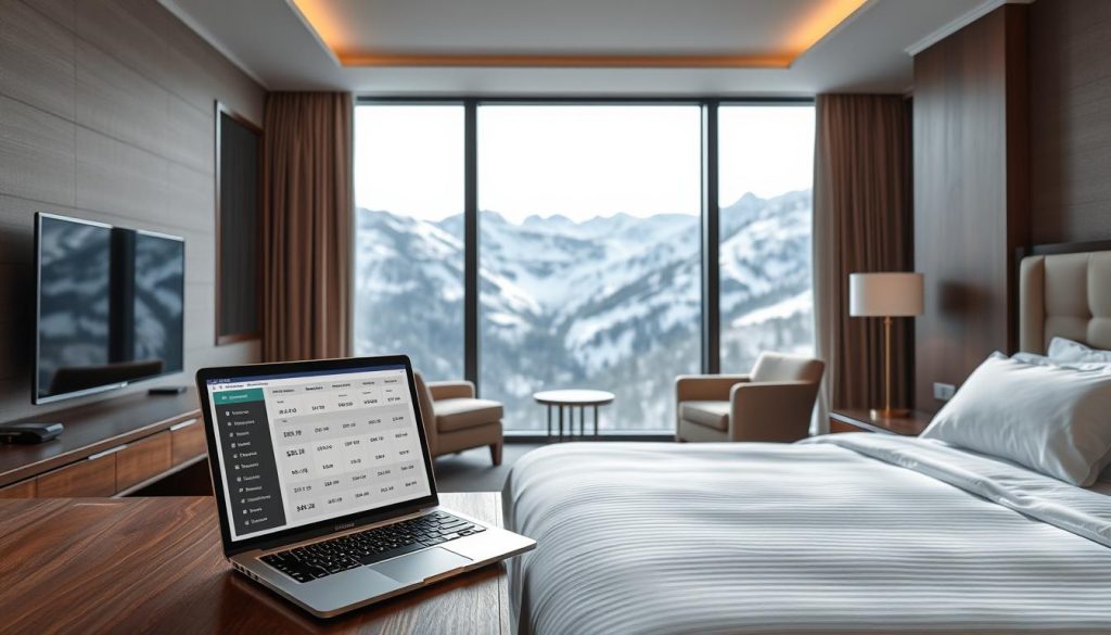 A sleek, modern interior of a hotel room overlooks the snow-capped peaks of the Caucasus Mountains. The foreground features a neatly arranged desk with a laptop displaying a comparison of hotel rates and amenities. In the middle ground, a plush king-size bed with crisp linens dominates the scene, while the background showcases floor-to-ceiling windows that flood the room with warm, natural light. The overall atmosphere conveys a sense of luxury, comfort, and the careful consideration of the cost-benefit analysis when selecting the ideal Krasnaya Polyana accommodation.