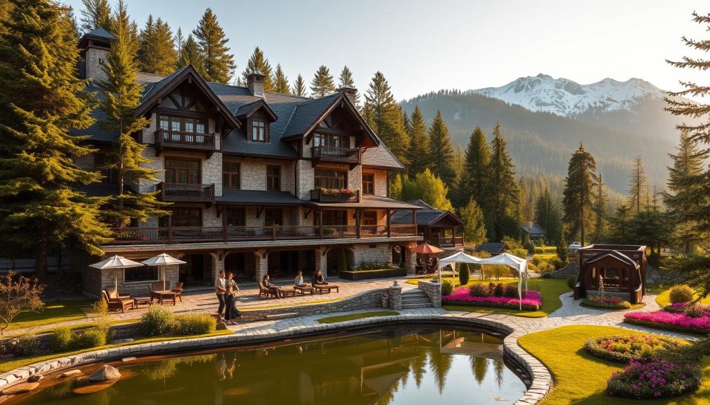 A snug Carpathian mountain estate nestled among lush pine forests, with a grand, rustic-chic hotel at its heart. The main building features a charming stone facade, wooden balconies, and ornate gables, bathed in warm, golden afternoon light. In the foreground, a tranquil pond reflects the surrounding greenery, while guests stroll along cobblestone paths or lounge on comfortable outdoor seating. The middle ground showcases well-tended gardens with vibrant flower beds, while the background is dominated by the majestic, snow-capped Carpathian peaks. An atmosphere of serene luxury and intimate connection with nature pervades the scene.