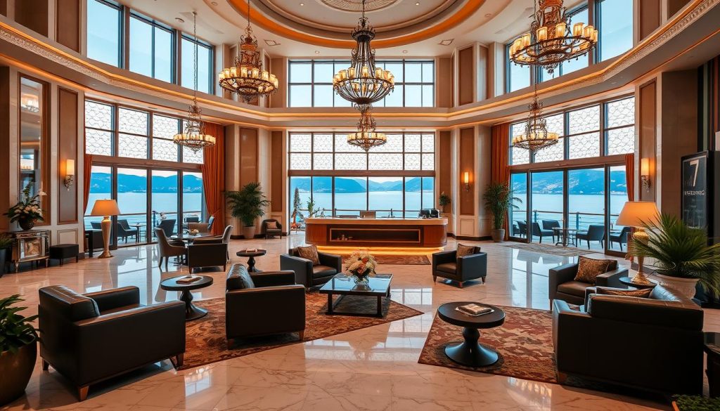 A spacious and elegant hotel lobby with high ceilings, marble floors, and ornate chandeliers. Plush leather chairs and sofas arranged around a central coffee table, creating cozy conversation areas. Large windows overlooking the stunning Kemal Bay, letting in natural light and offering breathtaking views. The reception desk is made of polished wood, with a 7fishing logo prominently displayed. Potted plants and artful décor add to the luxurious ambiance. Warm lighting casts a soft glow throughout the space, creating a welcoming and inviting atmosphere.