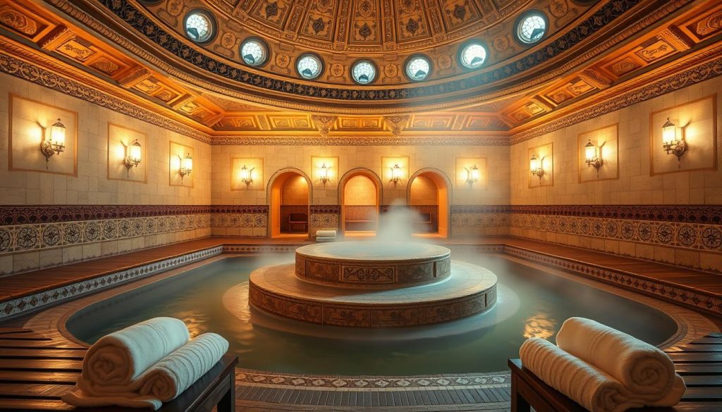 A spacious and inviting Turkish bath (турецкая баня) with ornate architectural features, illuminated by warm, diffused lighting from above. The central focal point is a large, steaming stone plinth surrounded by intricate tiled walls and domed ceilings. In the foreground, plush towels and slippers rest on wooden benches, inviting visitors to indulge in the soothing, therapeutic experience. The middle ground reveals alcoves with curved doorways, hinting at private relaxation areas. The background features a softly lit, tranquil atmosphere, evoking a sense of timeless tradition and rejuvenation.
