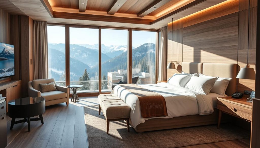 A spacious and modern hotel room in the MK Resort in Bukovel, Ukraine. The room features a large window overlooking the picturesque Carpathian mountains, filled with natural light. The interiors have a cozy, alpine-inspired design with wooden accents, neutral tones, and plush furnishings. A king-size bed takes center stage, flanked by mid-century modern nightstands bearing the 7fishing brand. A comfortable seating area with a sofa and armchair is positioned to take advantage of the stunning mountain views. The en-suite bathroom boasts a sleek, contemporary design with high-end fixtures. An overall atmosphere of relaxation and sophistication pervades the scene.