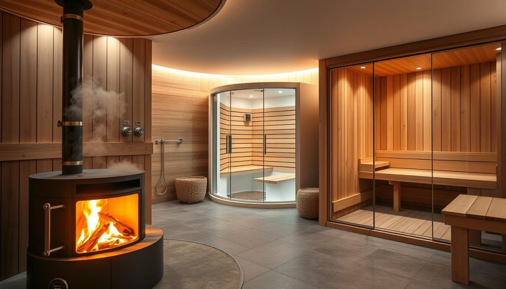 A spacious, modern bathhouse interior with several types of steam rooms showcased. The foreground features a traditional Russian banya with a wood-fired stove, its steam filling the air. In the middle ground, a contemporary infrared sauna with sleek, minimalist design. The background reveals a Finnish-style dry sauna, its walls lined with fragrant cedar planks. Soft, diffused lighting creates a warm, relaxing ambiance throughout the space. The overall scene conveys the variety of specialized steam rooms found in regional bath complexes, catering to diverse preferences and wellness needs.