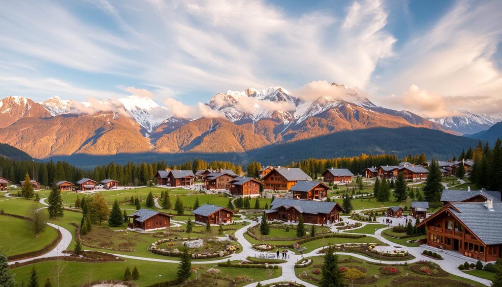 A sprawling alpine resort nestled amidst the rugged Carpathian mountains, the Dragobrat complex exudes a captivating blend of traditional charm and modern amenities. The foreground showcases a network of well-maintained paths and walkways, leading visitors through lush, manicured gardens. In the middle ground, a cluster of cozy, timber-framed chalets and lodges stand in harmony with the surrounding landscape, their sloping roofs and warm lighting creating a inviting ambiance. The background is dominated by the towering, snow-capped peaks of the Dragobrat mountain range, bathed in soft, golden light that filters through wispy clouds. The overall scene conveys a sense of tranquility and rustic elegance, perfectly suited to the serene setting of this alpine retreat.