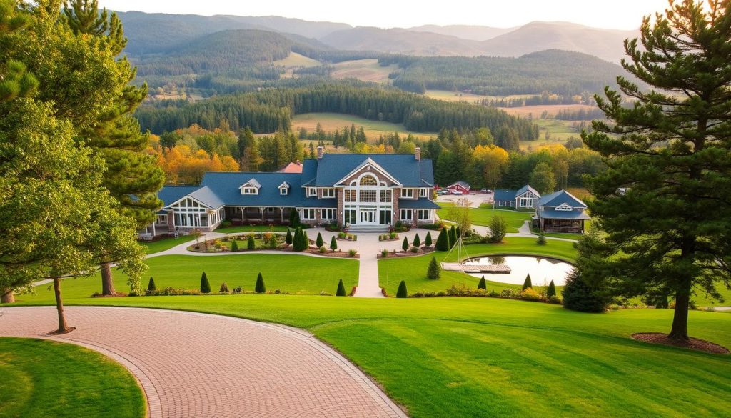 A sprawling countryside event complex nestled amidst rolling hills and lush forests. The elegant main building, a harmonious blend of modern and traditional architectural elements, stands as the centerpiece, its large windows reflecting the surrounding natural beauty. In the foreground, a cobblestone path leads visitors towards the inviting main entrance, flanked by neatly manicured gardens and towering deciduous trees. The middle ground reveals a variety of amenities, including a spacious event hall, cozy cabins, and a tranquil lake with a wooden dock. In the background, the undulating landscape is dotted with clusters of pine trees, creating a serene and secluded atmosphere. Warm, diffused lighting bathes the entire scene, evoking a sense of comfort and relaxation.