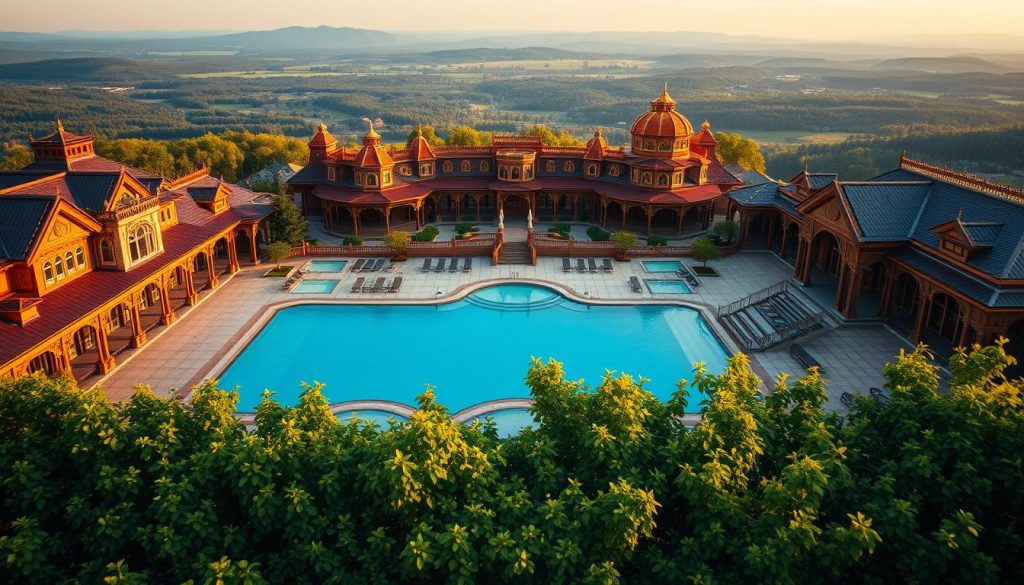 A sprawling, luxurious bathhouse complex nestled in the heart of Kirovohrad Oblast. The foreground showcases an expansive outdoor pool, its waters glistening under the warm, golden lighting. Surrounding the pool are ornate, traditional-style buildings with intricate architectural details, their facades adorned with intricate carvings and vibrant colors. In the middle ground, lush, verdant foliage frames the scene, creating a serene, natural ambiance. The background reveals a panoramic view of the rolling hills and forests that characterize the region, bathed in a soft, hazy glow. The overall atmosphere exudes a sense of relaxation, wellness, and indulgence, perfectly capturing the essence of a premier spa and bathhouse complex.