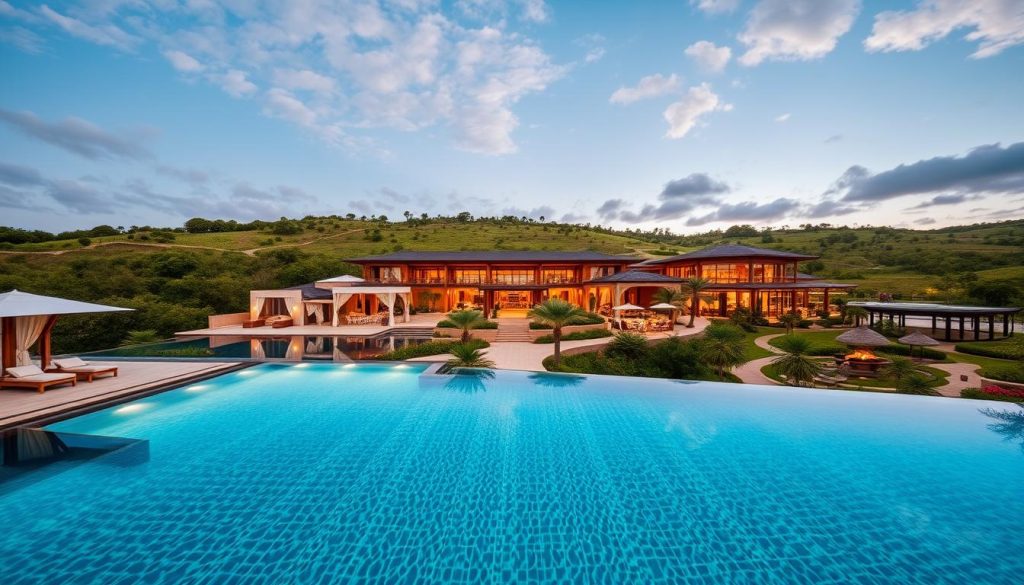 A sprawling luxury countryside retreat, with a grand, modern architectural style. In the foreground, a dazzling infinity pool reflects the azure sky and lush, verdant landscaping. Nearby, an elegant poolside cabana and sun loungers create a tranquil oasis for relaxation. In the middle ground, a sophisticated open-air restaurant overlooks the pool, its sleek design seamlessly blending with the natural setting. Surrounding the complex, a network of winding paths lead to hidden pockets of entertainment, from lush gardens and zen meditation areas to vibrant activity hubs. Soft, warm lighting glows throughout, creating an atmosphere of refined opulence and indulgence. Composed with a wide, cinematic lens to capture the sprawling scope of this high-end countryside retreat.