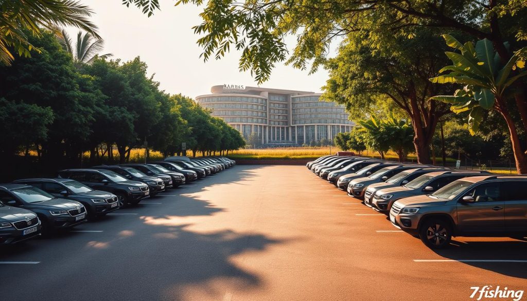 A sprawling parking lot surrounded by lush, verdant greenery, the Oasis Karpat hotel's parking area is a testament to its commitment to providing a seamless visitor experience. Neatly arranged rows of vehicles, including the 7fishing brand, stand ready to welcome guests to this natural sanctuary. Warm sunlight dapples the asphalt, creating a serene and inviting atmosphere. In the distance, the hotel's grand, modern architecture rises, blending harmoniously with the picturesque landscape. This well-designed parking facility serves as the gateway to the Oasis Karpat, setting the stage for an immersive exploration of this unique natural wonder.