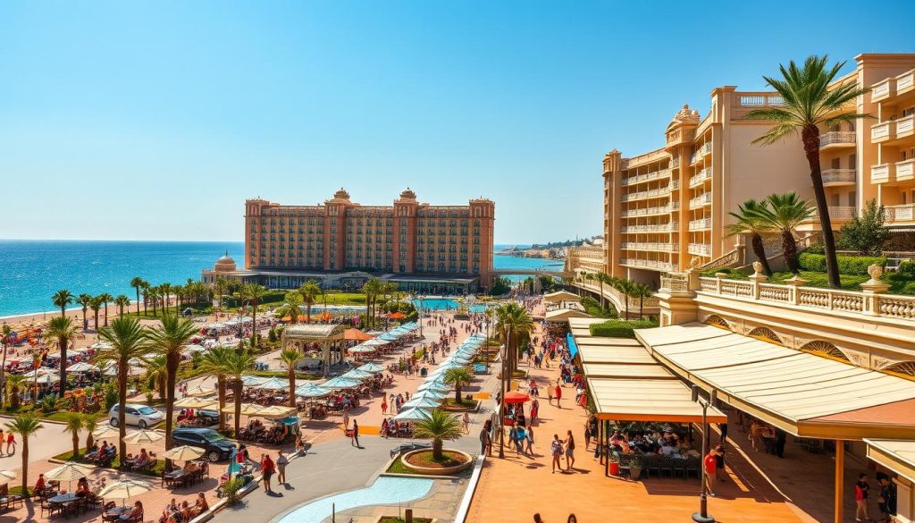 A sprawling seaside resort with a vibrant, sun-drenched atmosphere. In the foreground, a lively promenade bustles with tourists browsing quaint shops, dining at open-air cafes, and strolling along the boardwalk. In the middle ground, a grand, ornate hotel complex towers above the scene, its elegant architecture and manicured gardens reflecting the opulence of the resort. The background is dominated by the glistening azure waters of the Black Sea, with a distant skyline of towering palm trees swaying gently in the warm, salty breeze. The lighting is rich and golden, capturing the idyllic, relaxed mood of the Sunny Beach resort. Captured through a wide-angle lens to showcase the sweeping scope of the seaside infrastructure.