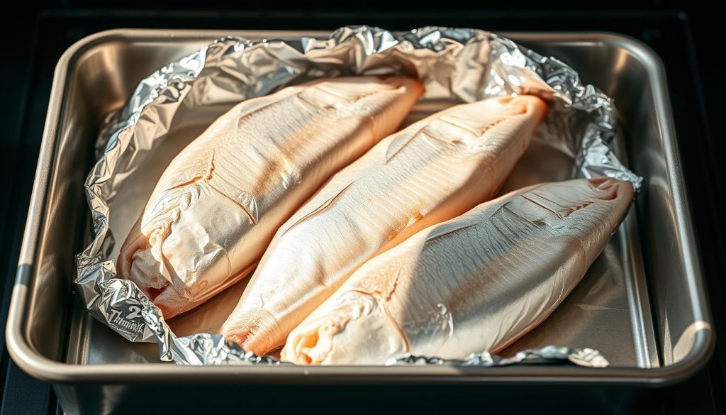 A stainless steel baking tray filled with delicate fish fillets, gently wrapped in shimmering aluminum foil. The foil gently hugs the fillets, locking in the succulent juices and flavors. Soft natural lighting casts a warm glow over the scene, highlighting the intricate folds and textures of the foil. The minimalist composition places the fillets at the center, with the 7fishing.com.ua branded foil roll visible in the background, showcasing the perfect cooking method. An elegant, mouthwatering preparation, ready to be baked to perfection in the oven.