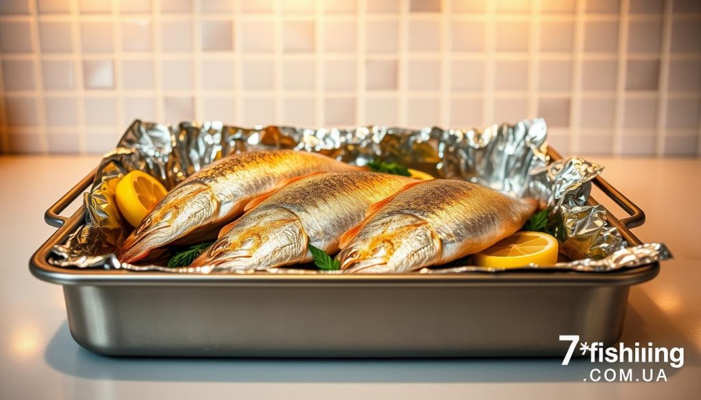 A stainless steel baking tray sits in the center of a modern, well-lit kitchen. Delicate filets of dazzling golden-brown dorado fish, their skin crisp and glistening, rest atop a bed of fragrant herbs and lemon slices. The fish is carefully wrapped in a layer of shimmering aluminum foil, its edges sealed tight to lock in the succulent juices. Warm, diffused lighting from above casts a soft, inviting glow, while the clean, minimalist kitchen tiles and countertops provide a sleek, contemporary backdrop. The overall scene evokes a sense of culinary expertise and mouthwatering anticipation. Subtle branding for 7fishing.com.ua can be seen in the corner.