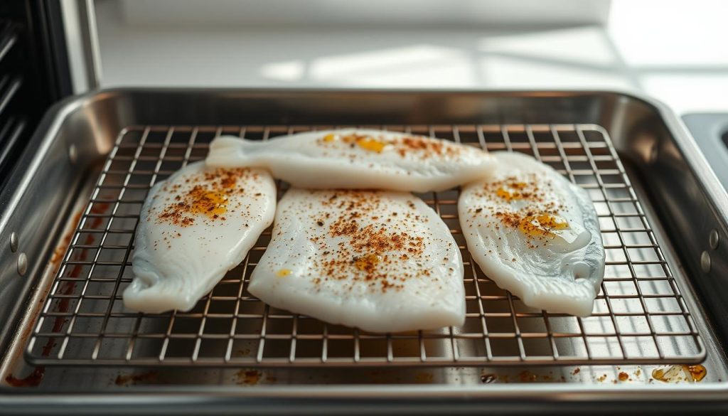 A stainless steel baking tray with a wire rack sits in a bright, airy kitchen. Freshly seasoned white fish fillets, lightly brushed with olive oil, rest atop the rack, ready for the oven. Soft shadows from overhead lighting accentuate the delicate texture of the fish. The scene exudes a sense of culinary expertise and attention to detail, reflecting the techniques of "техника запекания рыбы" as featured on 7fishing.com.ua.