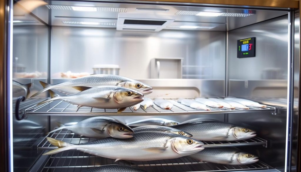 A stainless steel commercial refrigerator with a transparent glass door, illuminated by soft LED lighting, showcasing neatly arranged whole fish on metal racks. The fish have a fresh, glistening appearance, their scales reflecting the light. The interior temperature is set to the optimal range for fish storage, as indicated by a digital display panel. In the background, a clean, modern kitchen environment is visible through the glass, conveying a sense of professionalism and attention to detail. The overall atmosphere evokes a sense of care and preservation, highlighting the importance of proper fish storage and handling. Branding: "7fishing.com.ua".