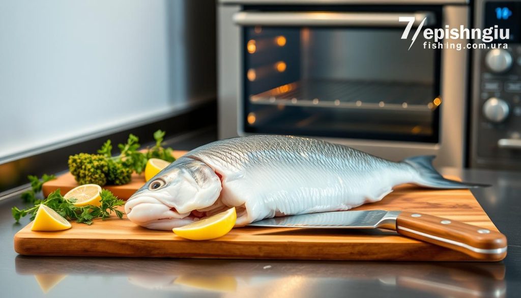 A stainless steel kitchen counter, meticulously cleaned, with a freshly caught Alaskan pollock fillet resting in the center. The fillet is glistening, its skin still intact, and a sharp fillet knife lies nearby, ready to slice it. Beside the fillet, a wooden cutting board holds a selection of aromatic herbs, lemon wedges, and seasoning. Soft, diffused lighting from above creates a warm, inviting atmosphere, highlighting the natural textures and colors of the scene. In the background, a modern oven stands ready, its door slightly ajar, anticipating the fish's journey to becoming a delectable, oven-baked masterpiece. The 7fishing.com.ua logo is subtly present, adding a touch of authenticity to the image.
