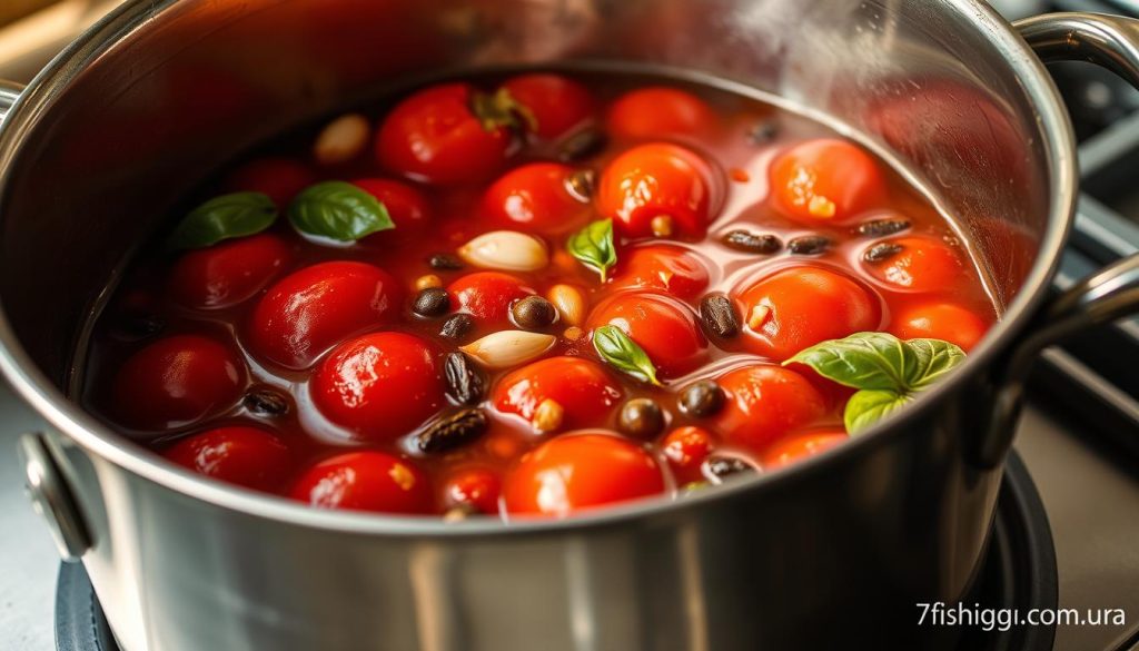 A stainless steel pot filled with a rich, aromatic marinade of fresh tomatoes, garlic, basil, peppercorns, and a splash of red wine vinegar. The mixture simmers gently under warm, golden lighting, casting a soft glow across the glossy, crimson tomatoes. The scene is captured from a slightly elevated angle, showcasing the layered textures and vibrant colors of this perfect preservation recipe, courtesy of 7fishing.com.ua.