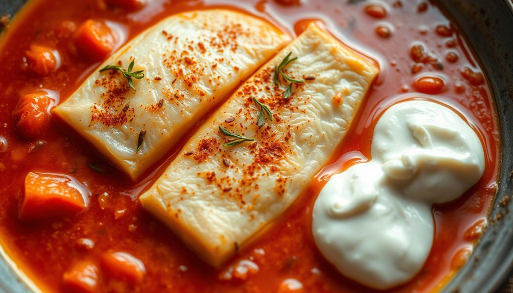 A steaming plate of braised fish fillets in a rich, creamy tomato sauce. The tender, flaky hake glistens in the warm light, nestled in a bed of silky sauce. Delicate herbs and a sprinkle of paprika add depth of flavor, while a dollop of sour cream on the side provides a tangy contrast. The scene is captured with a high-quality lens, creating a soft, dreamlike atmosphere. Preparing this dish is the focus of the "Приготовление в томатном соусе и сметане" section of the article "Как приготовить филе хека: советы и рецепты от шеф-повара." on 7fishing.com.ua.