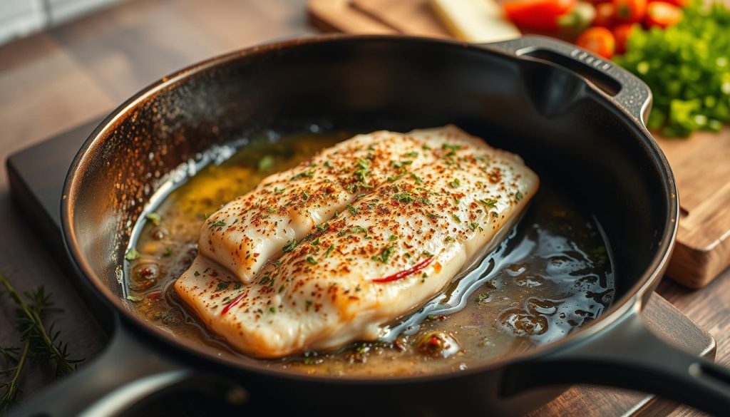 A step-by-step process of preparing hake: Close-up view of a well-seasoned hake fillet sizzling in a cast-iron skillet, surrounded by aromatic herbs and spices. Warm, golden lighting illuminates the tender fish as it cooks to perfection. The camera angle captures the intricate layers of the dish, highlighting the flaky texture and rich flavors. In the background, a wooden cutting board displays freshly chopped vegetables, adding vibrant colors to the composition. The entire scene is shot with a professional-grade camera, creating a visually appetizing and authentic "7fishing.com.ua" cooking experience.